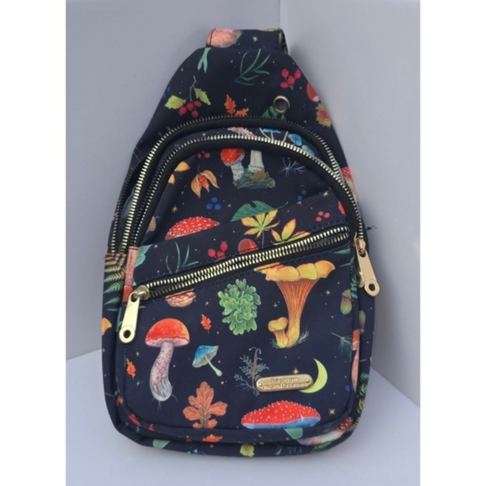Mushroom Print Crossbody Bag Jingpin‎ Nylon Black Adjustable Strap Zipper - Picture 2 of 8